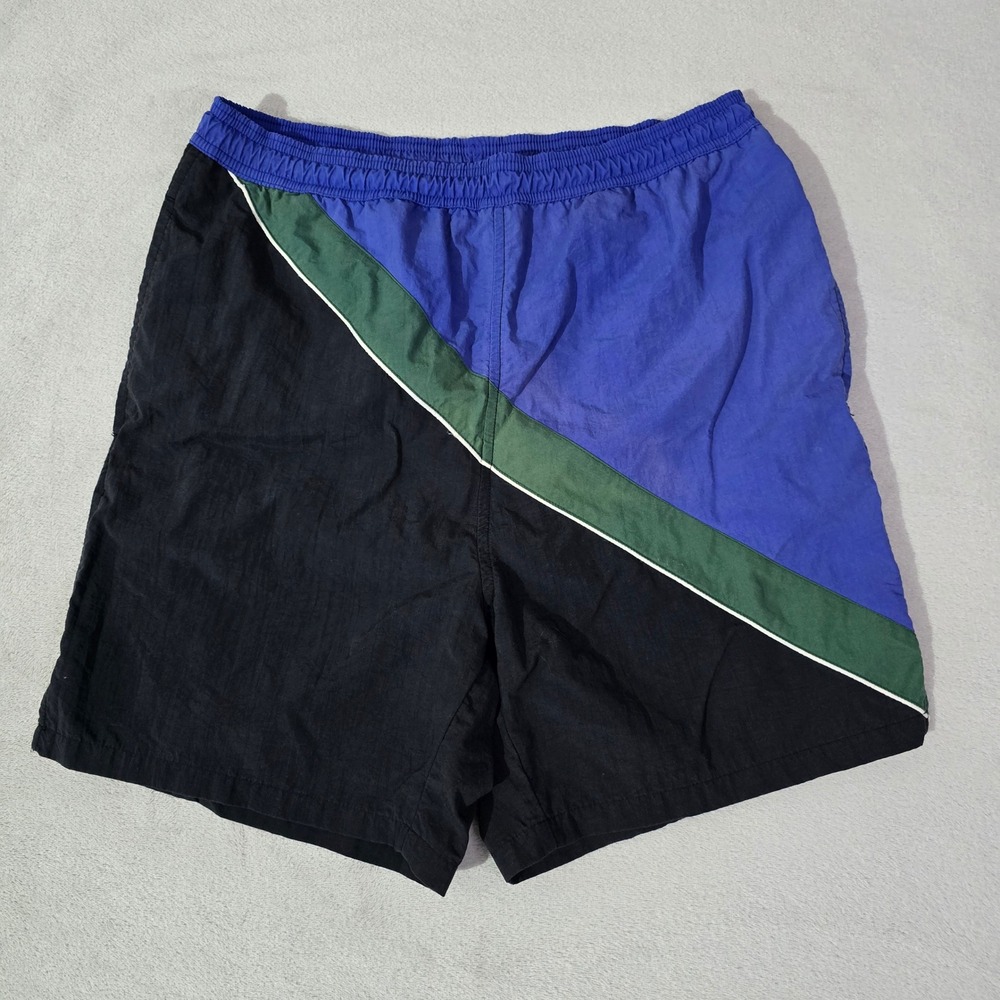 Vintage 90s Trader‎ Bay Mens Swim Trunks Small Colorblock Nylon Blue Green